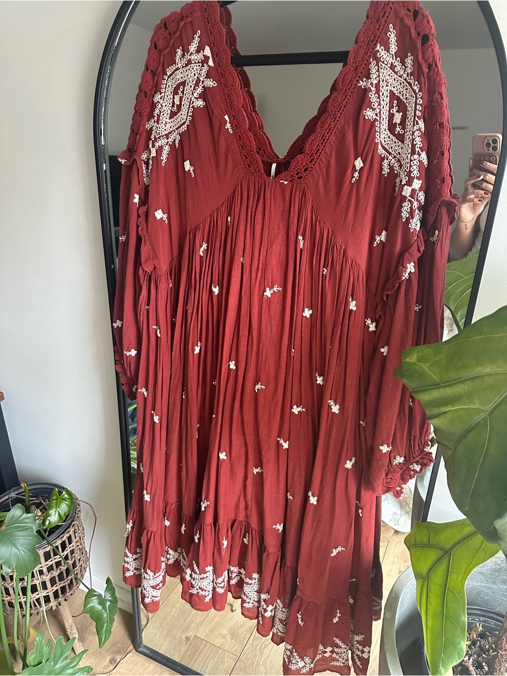 Free People Embroidered Boho Dress - Rust Red